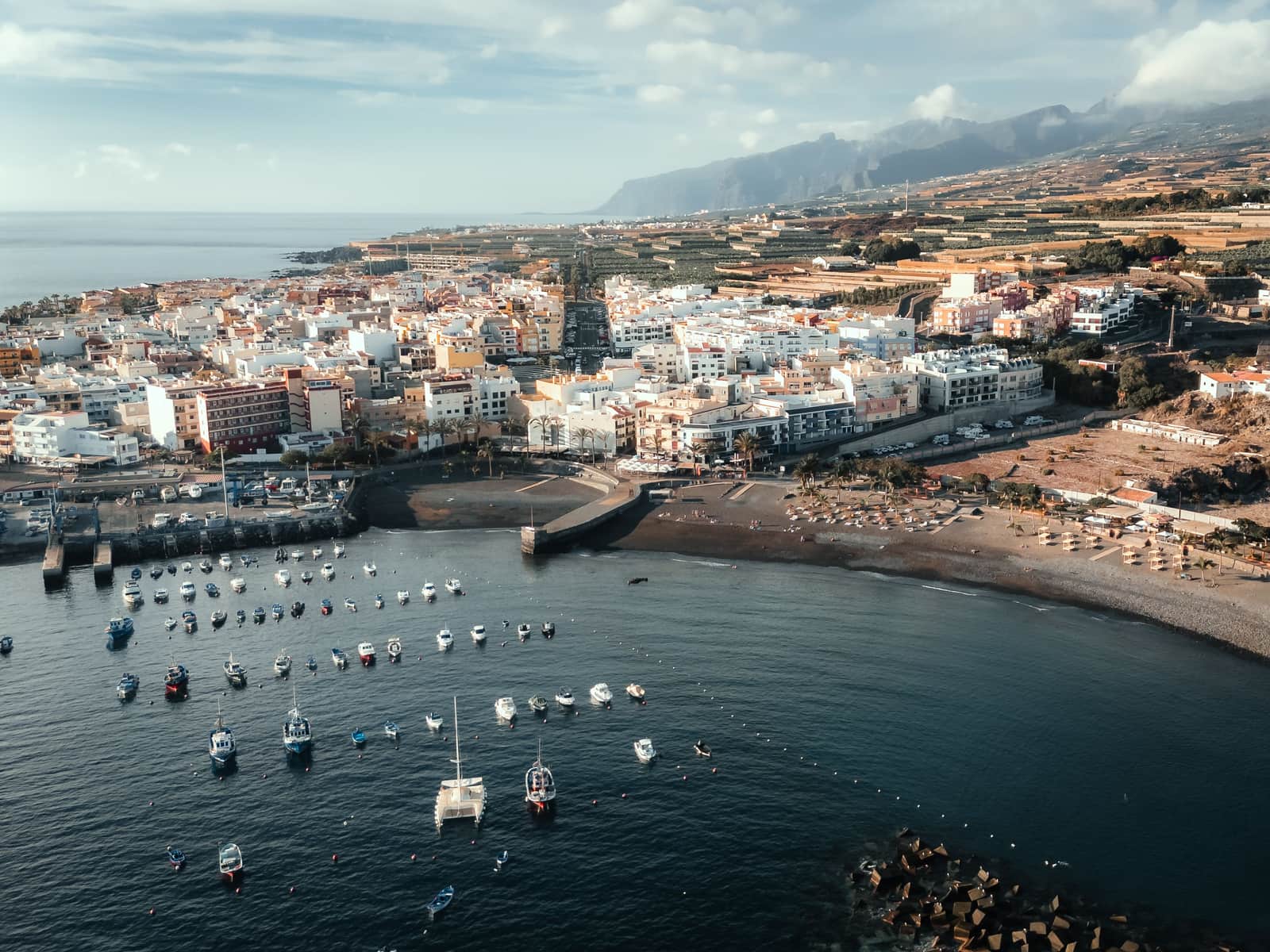 A harbour town on the coast seen from the air