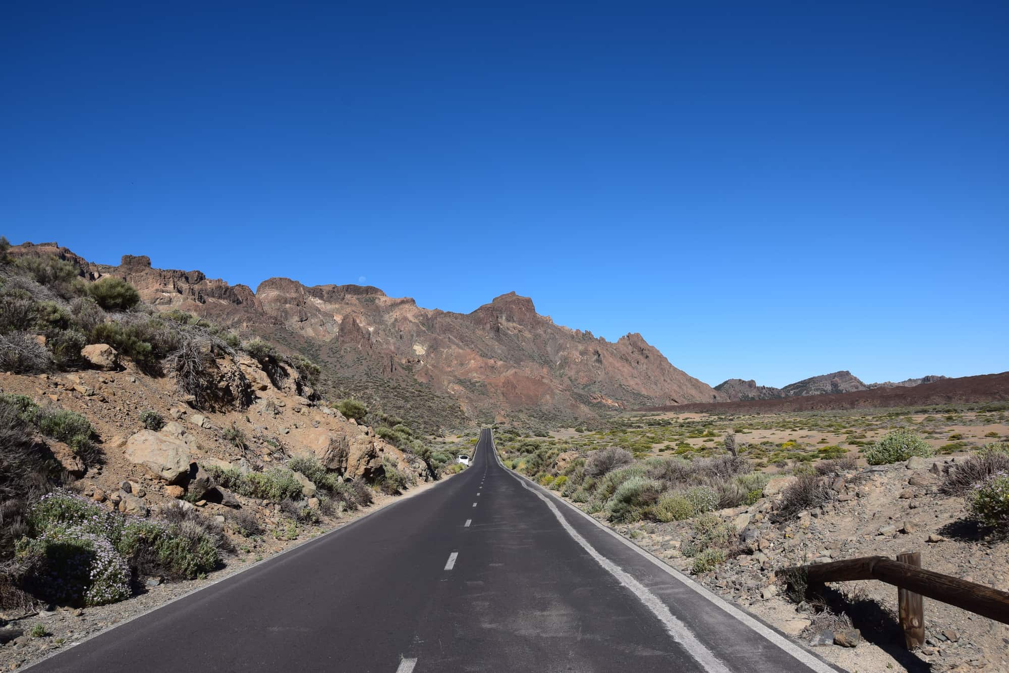 The road across the Teide caldera under a deep blue sky